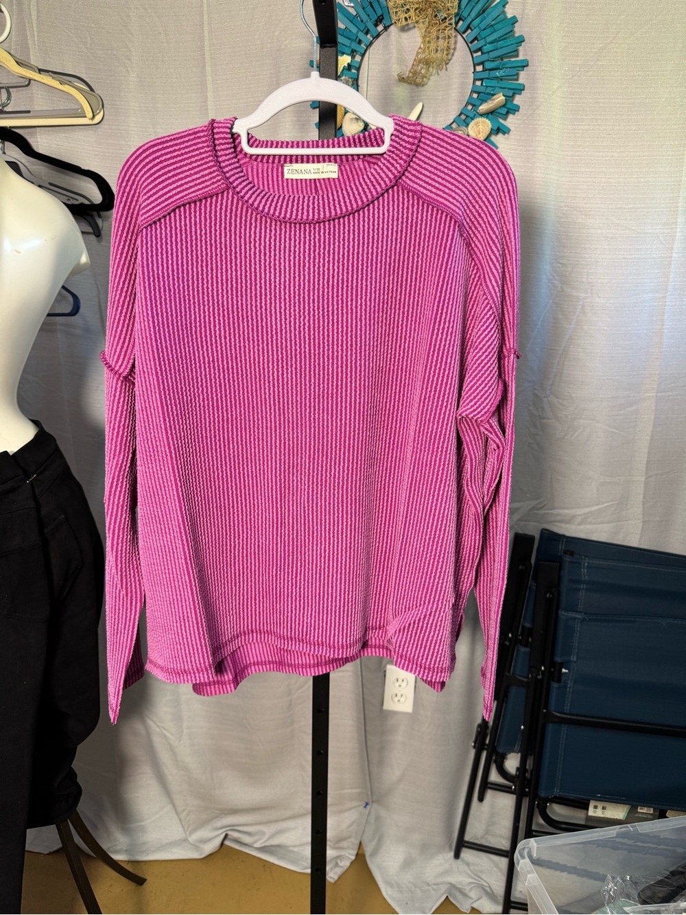 Zenana Outfitters Bright Pink Ribbed Long Sleeve Top